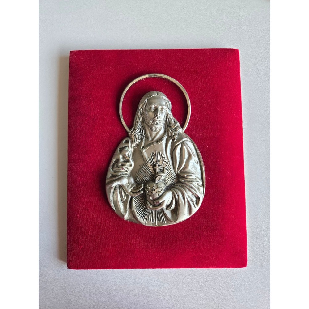 Vintage Italian Sacred Heart Jesus Pewter Wall Plaque Red Velvet Religious Decor